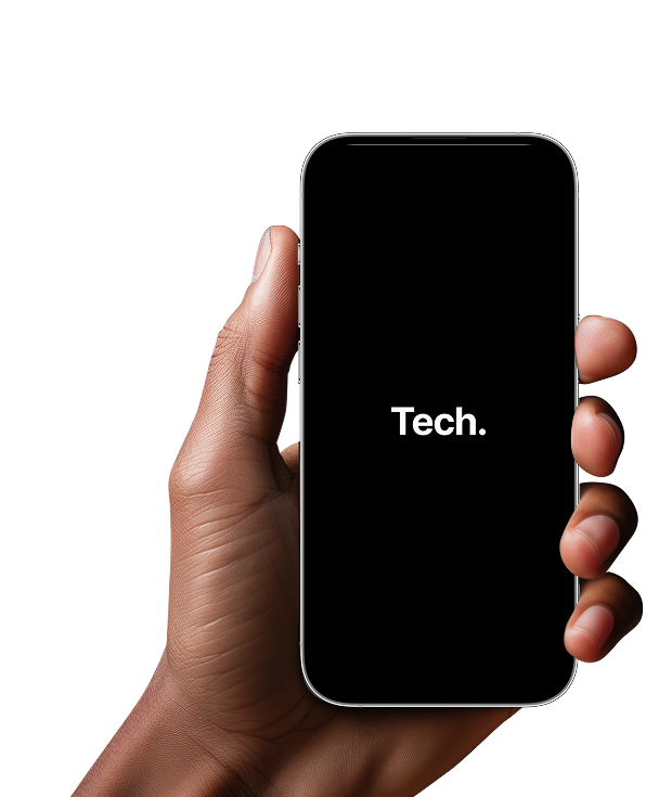 Hand holding phone with Tech logo